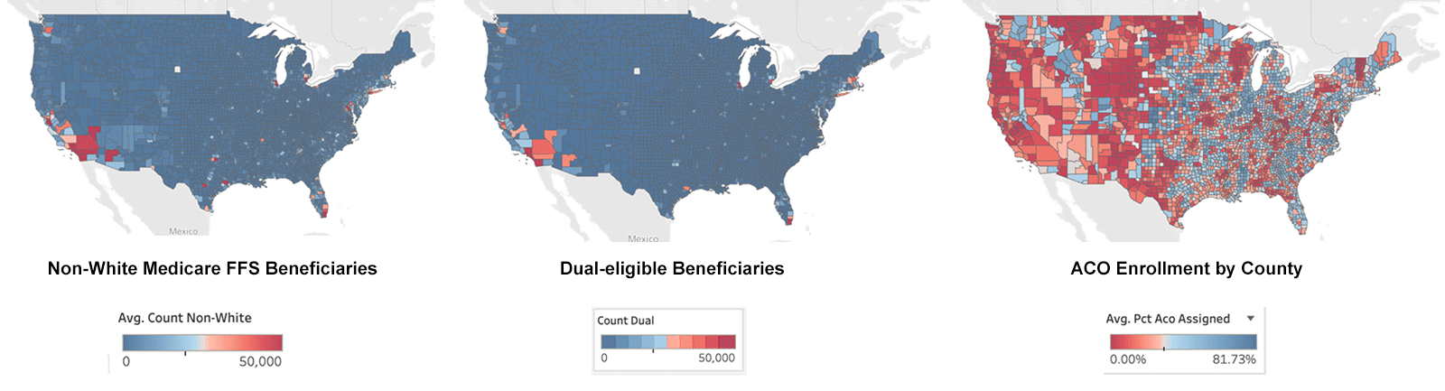 Figure 9 Locations of Non-White, Dual Eligible, and ACO Enrolled Beneficiaries, 2021. All data sourced from CareJourney.