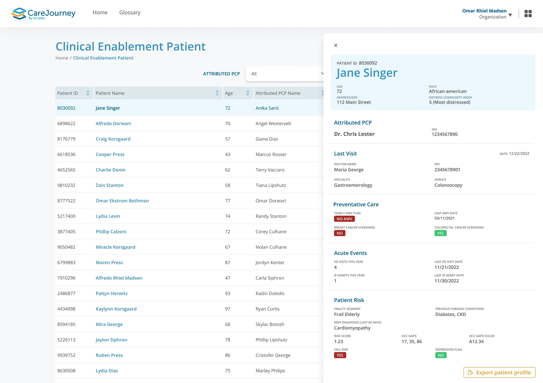 Sample CareJourney patient profile – highlighting patients for action.